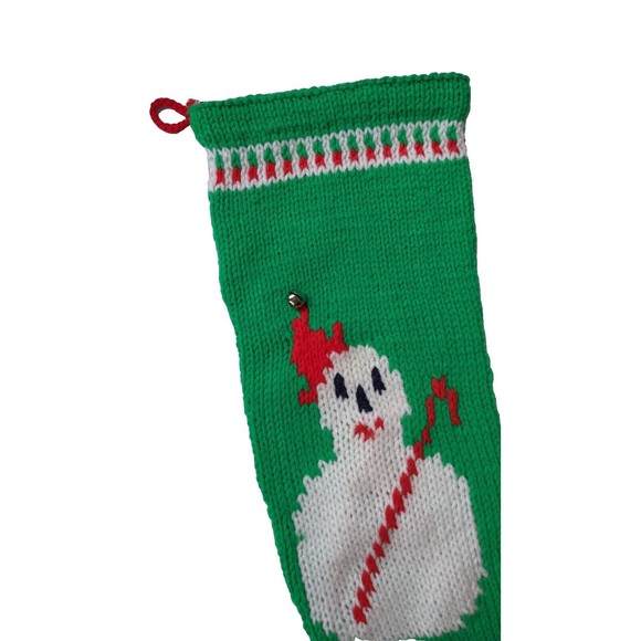 Vintage Hand Knit Wool Christmas Stocking Snowman Candy Cane Jingle Bell Kitschy - Picture 3 of 8